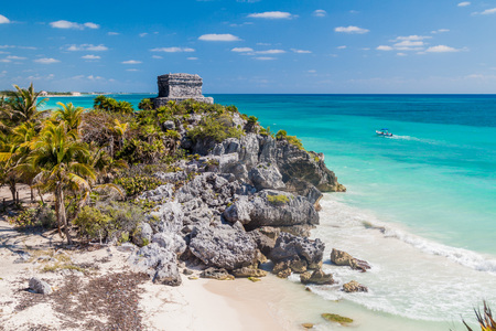 Ruins of the ancient Maya city Tulum and the Caribbean sea, Mexicoの写真素材