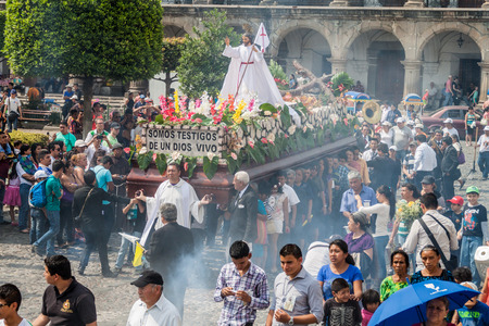 ANTIGUA, GUATEMALA - MARCH 27, 2016: Participants of the procession on Easter Sunday in Antigua Guatemala city.のeditorial素材