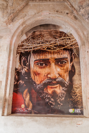 ANTIGUA, GUATEMALA - MARCH 27, 2016: Portrait of Jesus in the Convent of the Mercedarians (Convento de La Merced) in Antigua, Guatemalaのeditorial素材
