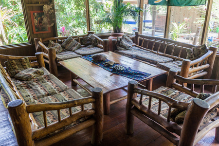 RIO DULCE, GUATEMALA - MARCH 10, 2016: Interior of Hotel Kangaroo near Rio Dulce river, Guatemalaのeditorial素材