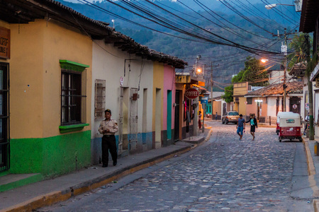 COPAN RUINAS, HONDURAS - APRIL 11, 2016: Cobbled streets in Copan Ruinas village.のeditorial素材