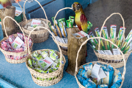 HOLGUIN,  CUBA - JAN 28, 2016: Merchandise in a shop window in Holguin.のeditorial素材