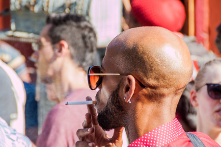 HAVANA, CUBA - FEB 21, 2016: Local man on a party in artistic Callejon de Hamel street in Havana Centro neighborhood.のeditorial素材