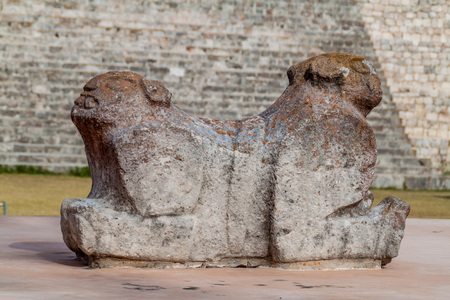 Sculpture in the ruins of the ancient Mayan city Uxmal, Mexicoの写真素材