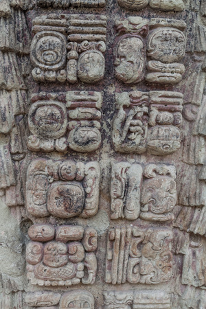 Detail of mayan hieroglyphs at the archaeological site Copan, Hondurasの写真素材