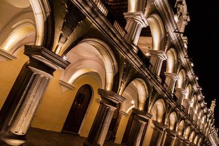 Night view of the Palacio de los Capitanes Generales  (Palace of the Captains General) in Antigua, Guatemala.の写真素材