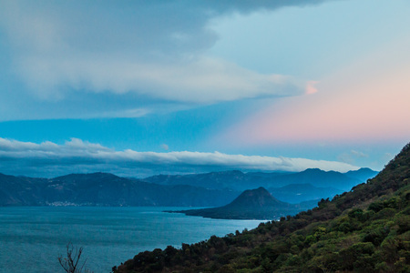 View of Atitlan lake and Cerro de Oro volcano, Guatemalaの写真素材