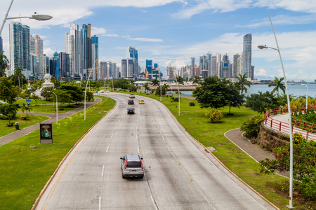 Photo for PANAMA CITY, PANAMA - MAY 30, 2016: View of modern skyscrapers and a traffic Balboa avenue in Panama City. - Royalty Free Image