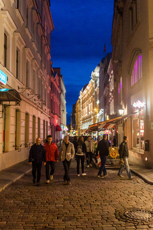 RIGA, LATVIA - AUGUST 18, 2016: Narrow alley in the center of Riga, Latviaのeditorial素材