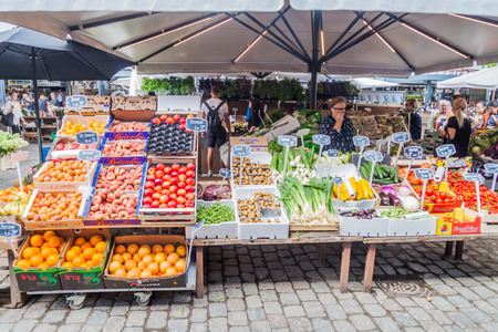 COPENHAGEN, DENMARK - AUGUST 28, 2016: Fruit and vegetable stall at a market in the centre of...