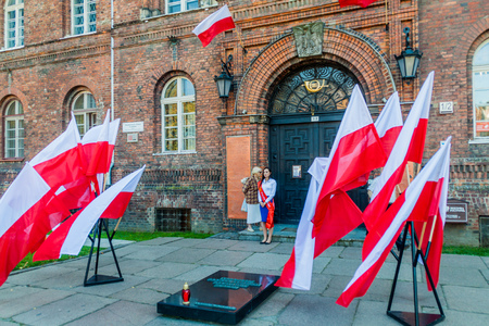 GDANSK, POLAND - SEPTEMBER 1, 2016: Polish flags commemorating Defence of the Polish Post Office on September 1, 1939.のeditorial素材