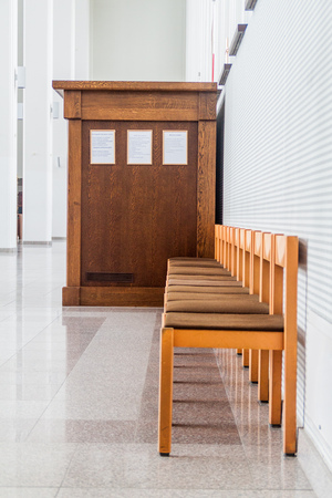 KAUNAS, LITHUANIA - AUGUST 17, 2016: Chairs in Christ's Resurrection Basilica in Kaunas, Lithuania.のeditorial素材