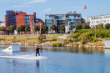 MALMO, SWEDEN - AUGUST 27, 2016: Wakeboarding at Turbinkanalen canal in Malmo, Sweden.のeditorial素材