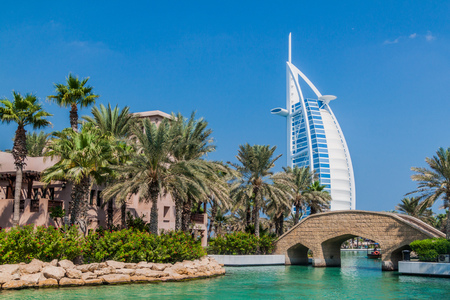 Burj Al Arab (Tower of the Arabs) seen from Madinat Jumeirah in Dubai, United Arab Emiratesのeditorial素材
