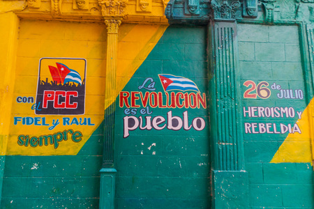 HAVANA, CUBA - FEB 23, 2016: Propaganda painting on a wall in Havana.It says: Always with PCC, Fidel...