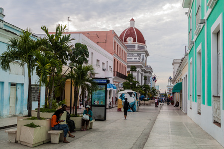 CIENFUEGOS, CUBA - FEBRUARY 11, 2016: People on a pedestrian street in Cienfuegos, Cuba.のeditorial素材