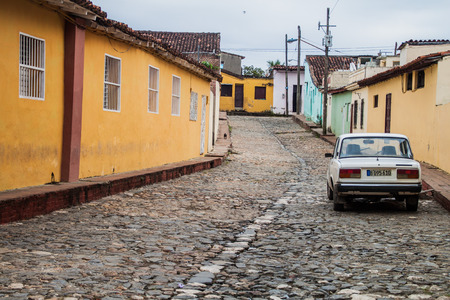 SANCTI SPIRITUS, CUBA - FEB 7, 2016: Soviet Lada car on a cobbled street in Sancti Spiritus.のeditorial素材
