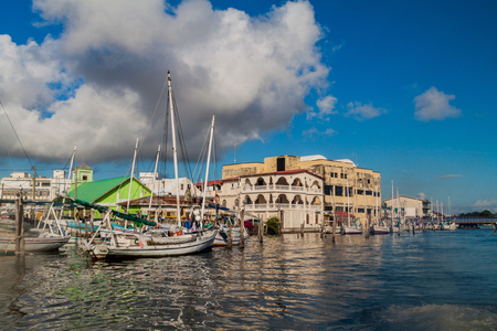 Houses and yachts at a sea coast in Belize City.の写真素材