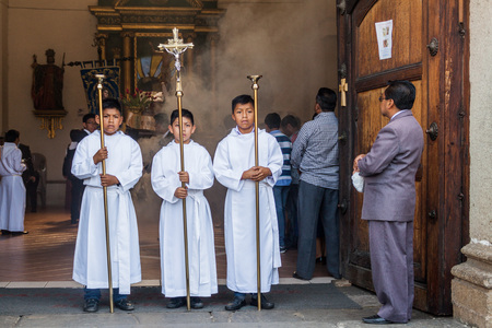 ANTIGUA, GUATEMALA - MARCH 27, 2016: Participants of a procession on Easter Sunday in Antigua...