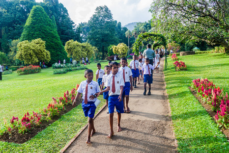 KANDY, SRI LANKA - JULY 18, 2016: Group o students visit beautiful Peradeniya Royal Botanical Gardens near Kandy, Sri Lankaのeditorial素材