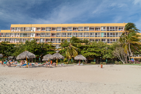 PLAYA ANCON, CUBA - FEB 9, 2016: View of Playa Ancon beach near Trinidad, Cuba. Hotel Club Amigo Ancon in the background.のeditorial素材