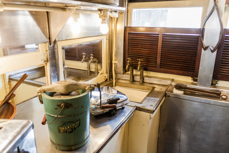 HAVANA, CUBA - FEB 23, 2016: Kitchen in Coche Mambi, presidential train carriage exhibited in Havana, Cuba.のeditorial素材