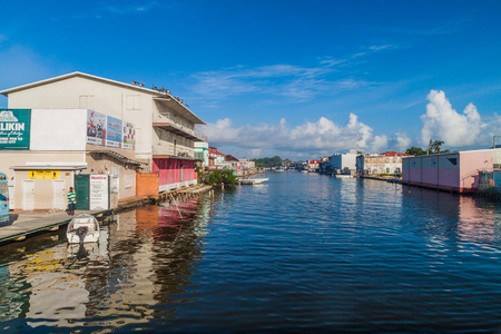BELIZE CITY, BELIZE - MARCH 2, 2016: View of buildings along Haulover Creek in Belize City.のeditorial素材