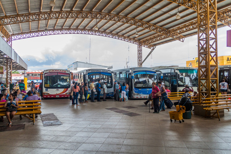 CARIARI, COSTA RICA - MAY 14, 2016: View of buses at the bus station in Cariari town.のeditorial素材