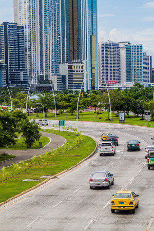 PANAMA CITY, PANAMA - MAY 30, 2016: View of modern skyscrapers and a traffic Balboa avenue in Panama City.のeditorial素材