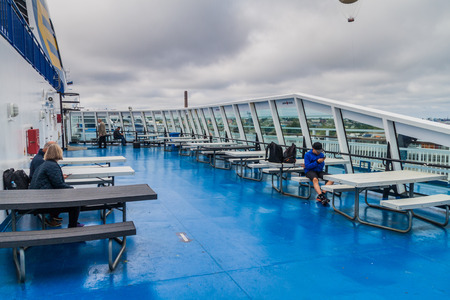 TALLINN, ESTONIA - AUGUST 24, 2016: Deck of MS Finlandia (cruiseferry owned and operated by the Finnish ferry operator Eckero Line) in the harbor of Tallinn. The ship operates between Tallinn and Helsinki.のeditorial素材