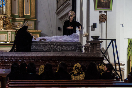 ANTIGUA, GUATEMALA - MARCH 26, 2016: Easter float is ready in Escuela de Cristo church in Antigua...