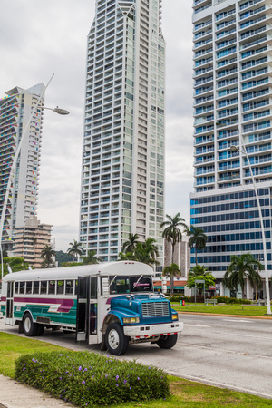 PANAMA CITY, PANAMA - MAY 30, 2016: High rise buildings and a local bus in Panama Cityのeditorial素材