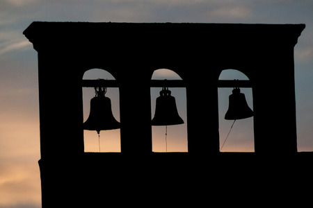 Silhouette of a bell tower at San Francisco Monastery in Granada, Nicaraguaの写真素材