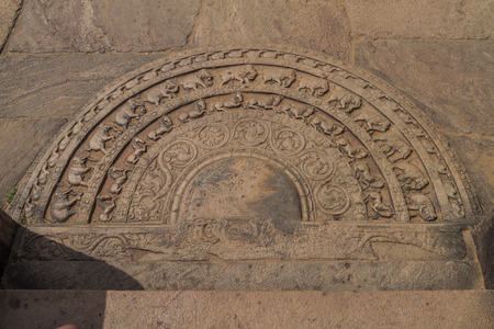 Moon stone of Vatadage in the ancent city Polonnaruwa, Sri Lankaの写真素材