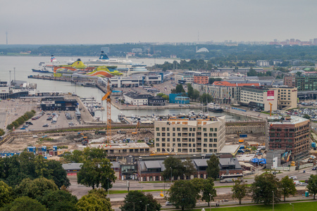 TALLINN, ESTONIA - AUGUST 22, 2016: Aerial view of the port in Tallinn, Estoniaのeditorial素材