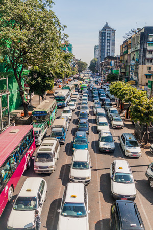 YANGON, MYANMAR - DECEMBER 16, 2016: Traffic jam in central Yangon.のeditorial素材
