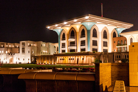 Night view of Al Alam palace (ceremonial palace of Sultan Qaboos) in Muscat, Omanのeditorial素材