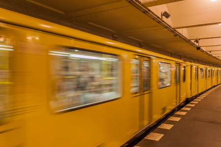 Train in Berlin U-Bahn (metro) station Klosterstrasse, Germanyのeditorial素材