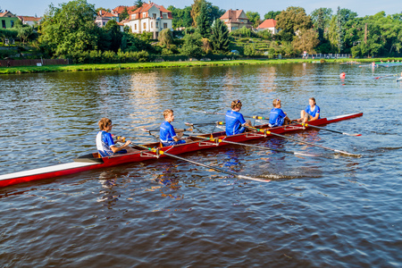 BRANDYS NAD LABEM, CZECHIA - SEPTEMBER 11, 2016: Youth rowing race on Labe (Elbe) river in Brandys nad Labem, Czechiaのeditorial素材