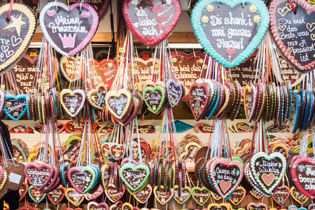 MUNICH, GERMANY - SEPTEMBER 17, 2016: Gingerberad hearts for sale at the Oktoberfest in Munich.のeditorial素材