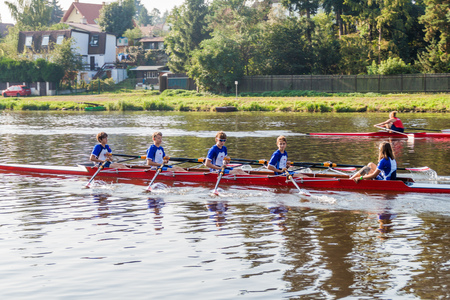 BRANDYS NAD LABEM, CZECHIA - SEPTEMBER 11, 2016: Youth rowing race on Labe (Elbe) river in Brandys nad Labem, Czechiaのeditorial素材