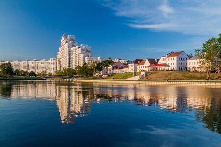 View of Svislach river and  the Trinity Suburb in Minsk, Belarusの写真素材