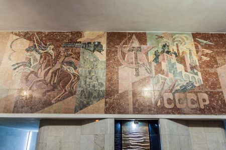 MINSK, BELARUS - JUNE 10, 2017: Socialist decorations in a Metro station in Minsk.のeditorial素材
