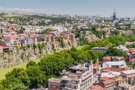Aerial view of Mtkvari River in Tbilisi, Georgiaの写真素材