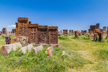 Stone crosses known as khachkars near Noratus village, Armeniaの写真素材