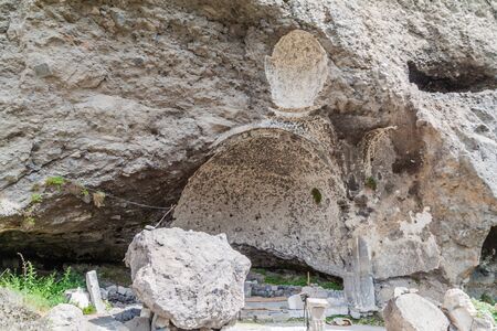 Ruins of cave monastery Vanis Kvabebi carved into a cliff, Georgia