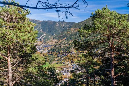 View of a valley with La Massana village, Andorraの写真素材