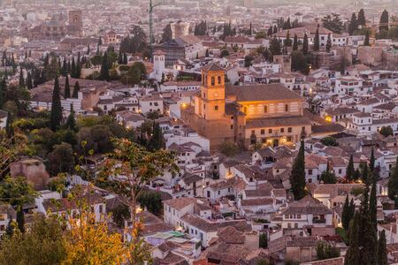 Aerial view of Granada with Salvador church during the sunset, Spain.の写真素材
