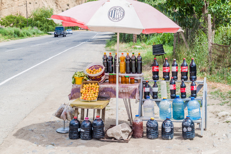 ARENI, ARMENIA - JULY 7, 2017: Roadside stall selling local wine in Areni village, Armeniaのeditorial素材