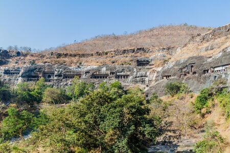 Buddhist caves carved into a cliff in Ajanta, Maharasthra state, India